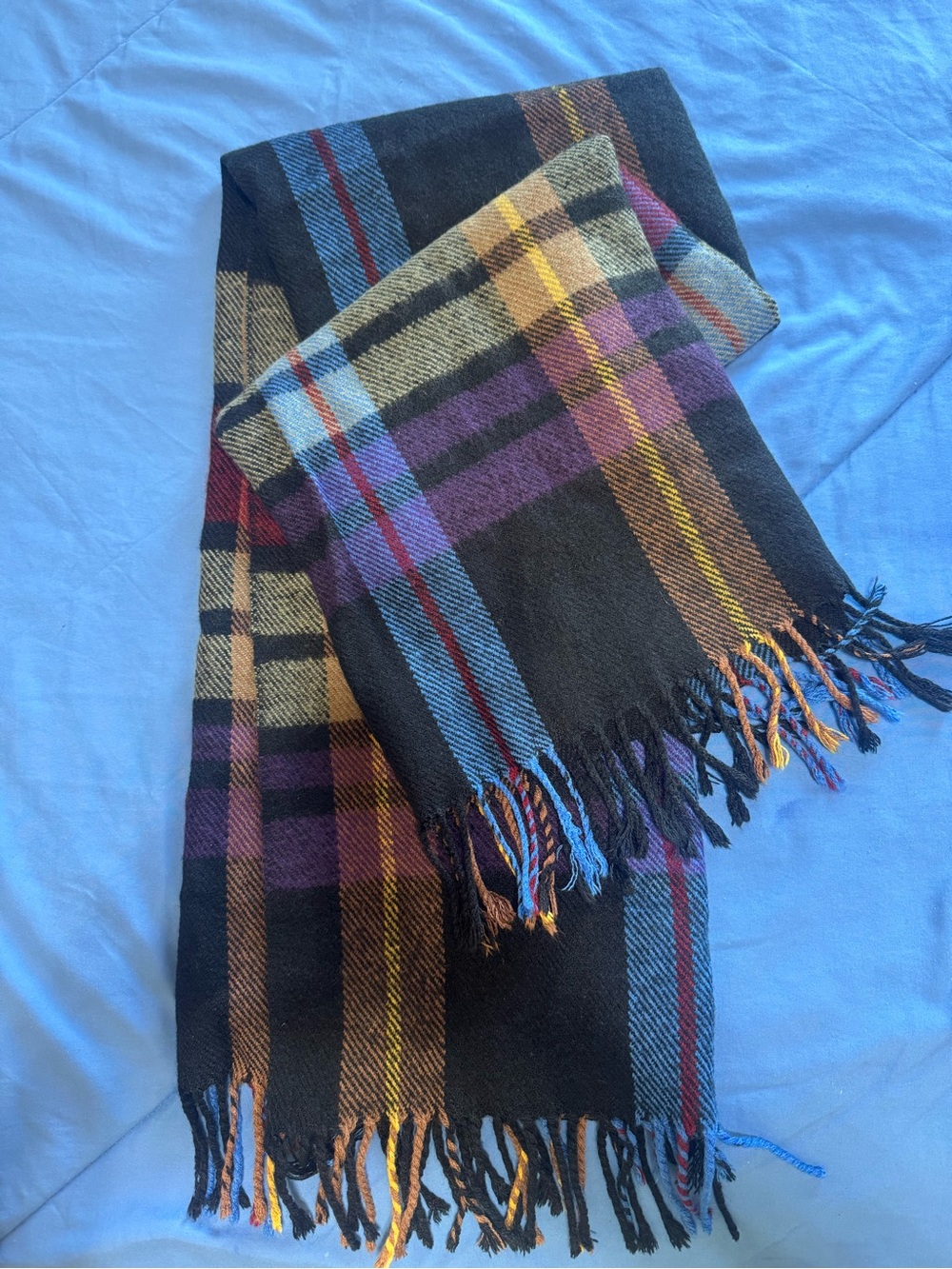 Plaid Fringe Scarf in Black with Multicolor Stripes